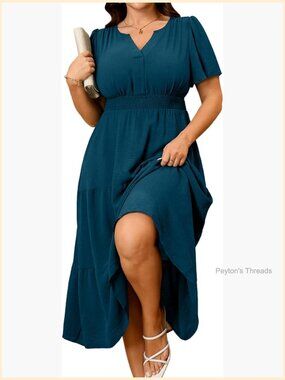 Plus Size Maxi Dress Short Sleeve V Neck Smocked Waist A-Line Casual Beach